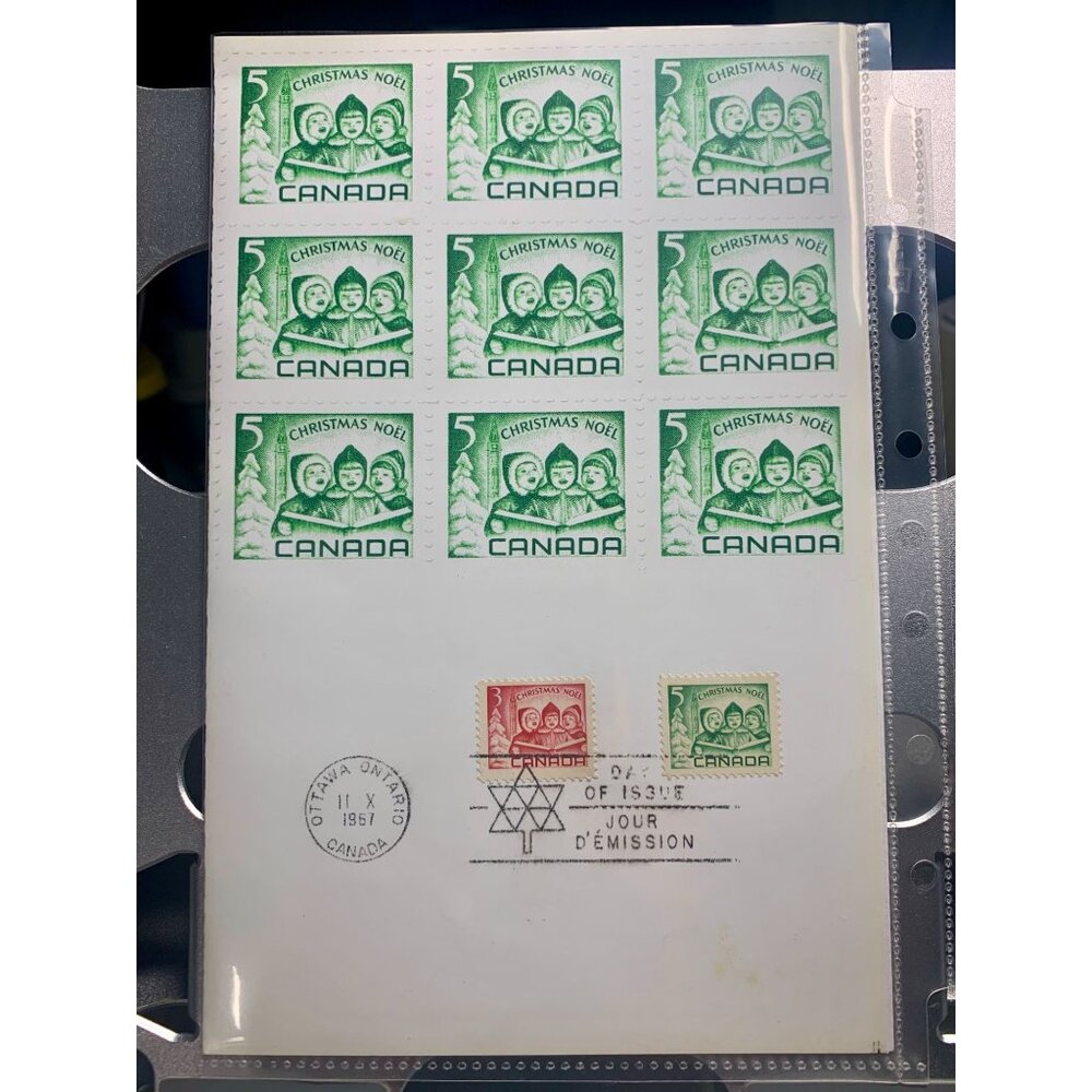 1957 Canada Christmas Noël First Day Cover & Stamps 5¢ & 3¢ Green & Red Unused